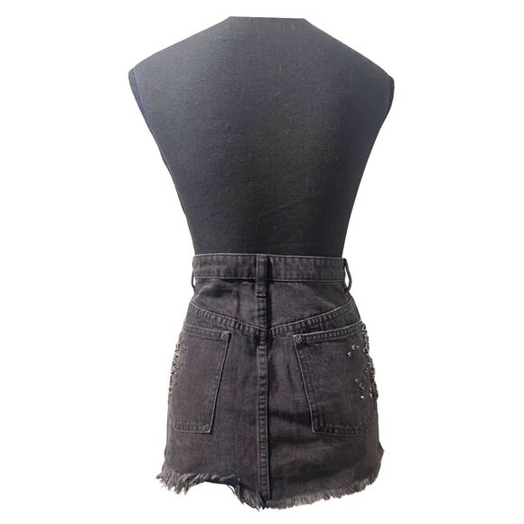Black Denim Free People Size 0 Edgy Goth Western Boho Studded Fringe Mini Skirt - Picture 4 of 5